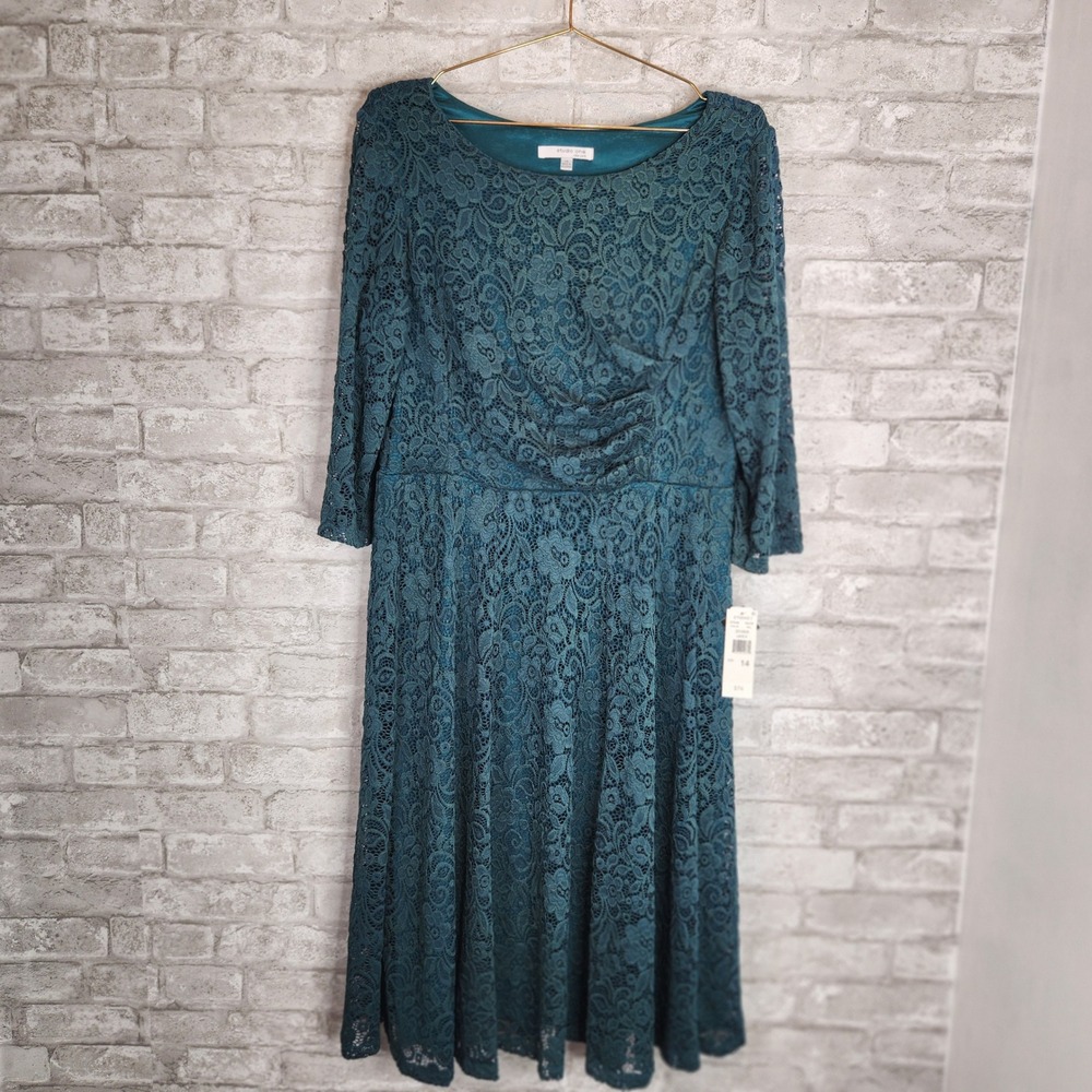 Studio One Dress Teal Lace Floral Ruched Cocktail Wedding Guest 14